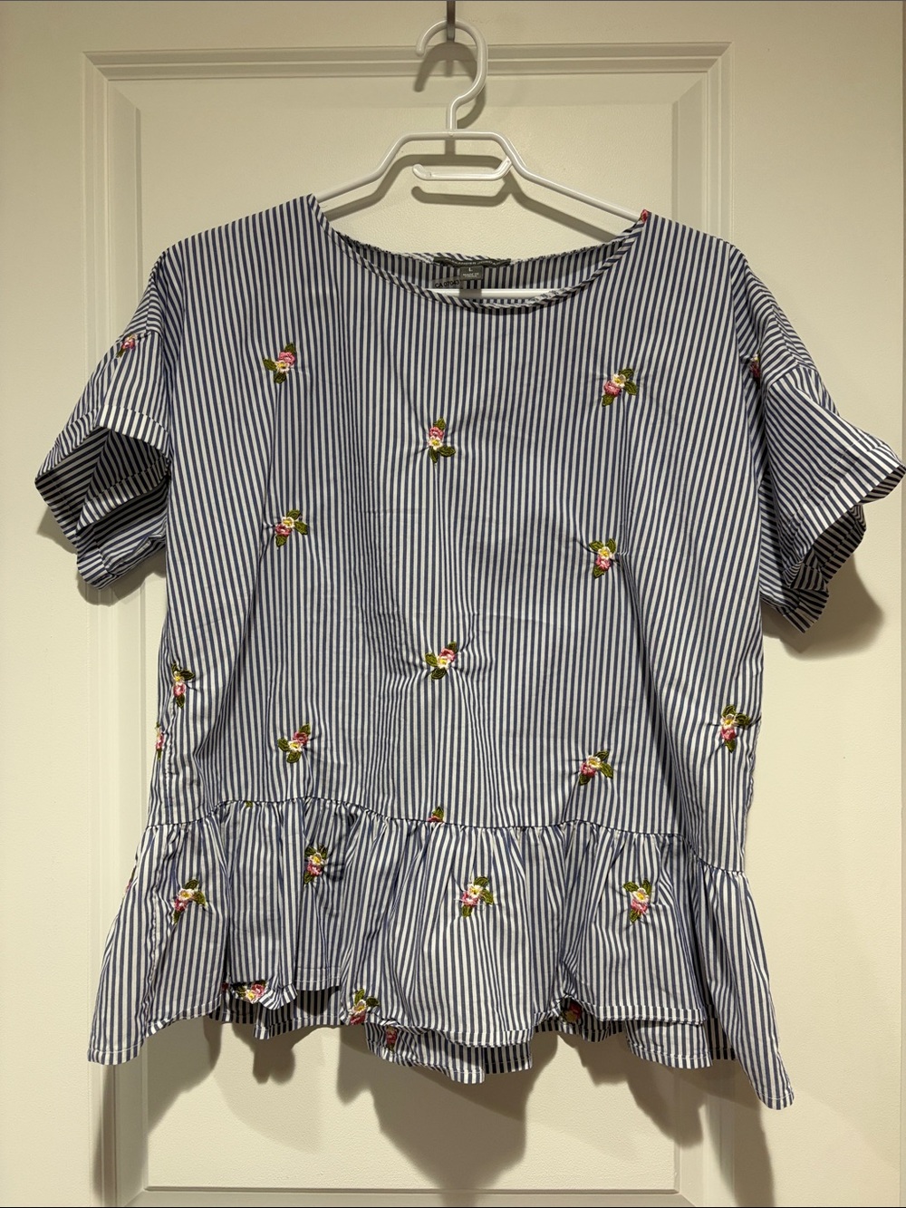Striped Blue & White Peplum Top with Floral Embroidery